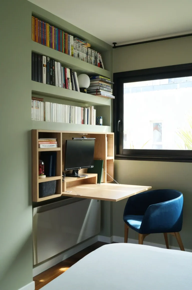 Bureau rabattable sur mesure avec façade abattante en mélaminé chêne clair